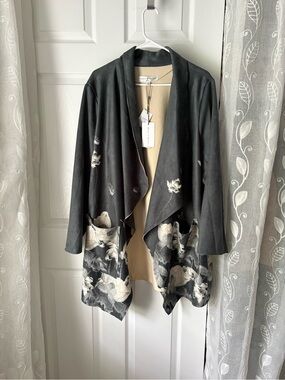 NWT CHELSEA & THEODORE l Faux Leather Floral Draped Open Front Jacket plus sz 3X